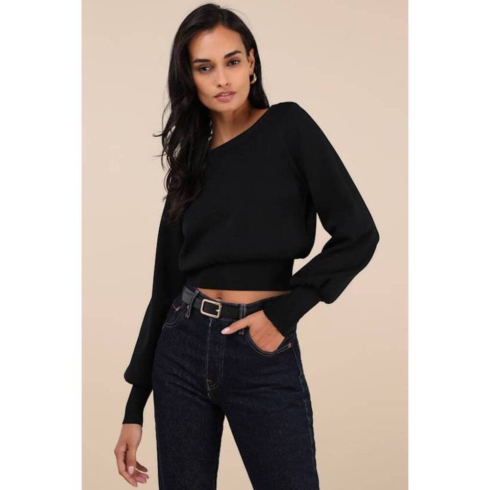 Lulus Perfect Coziness Black Long Sleeve Cropped Sweater Top - Size XS